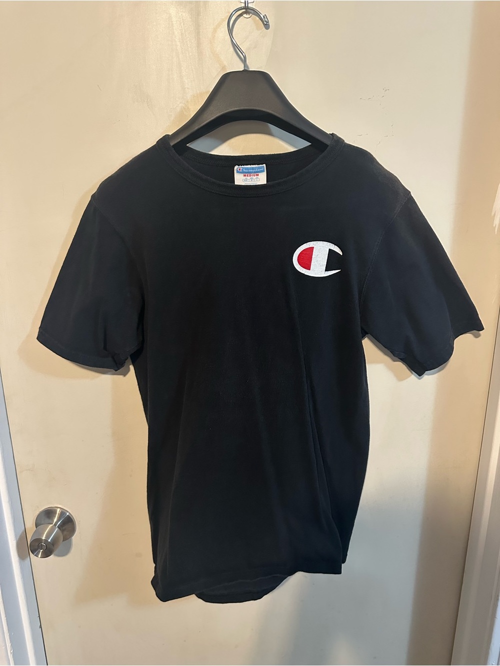 Champion Black Short Sleeve Tee with Red & White Logo